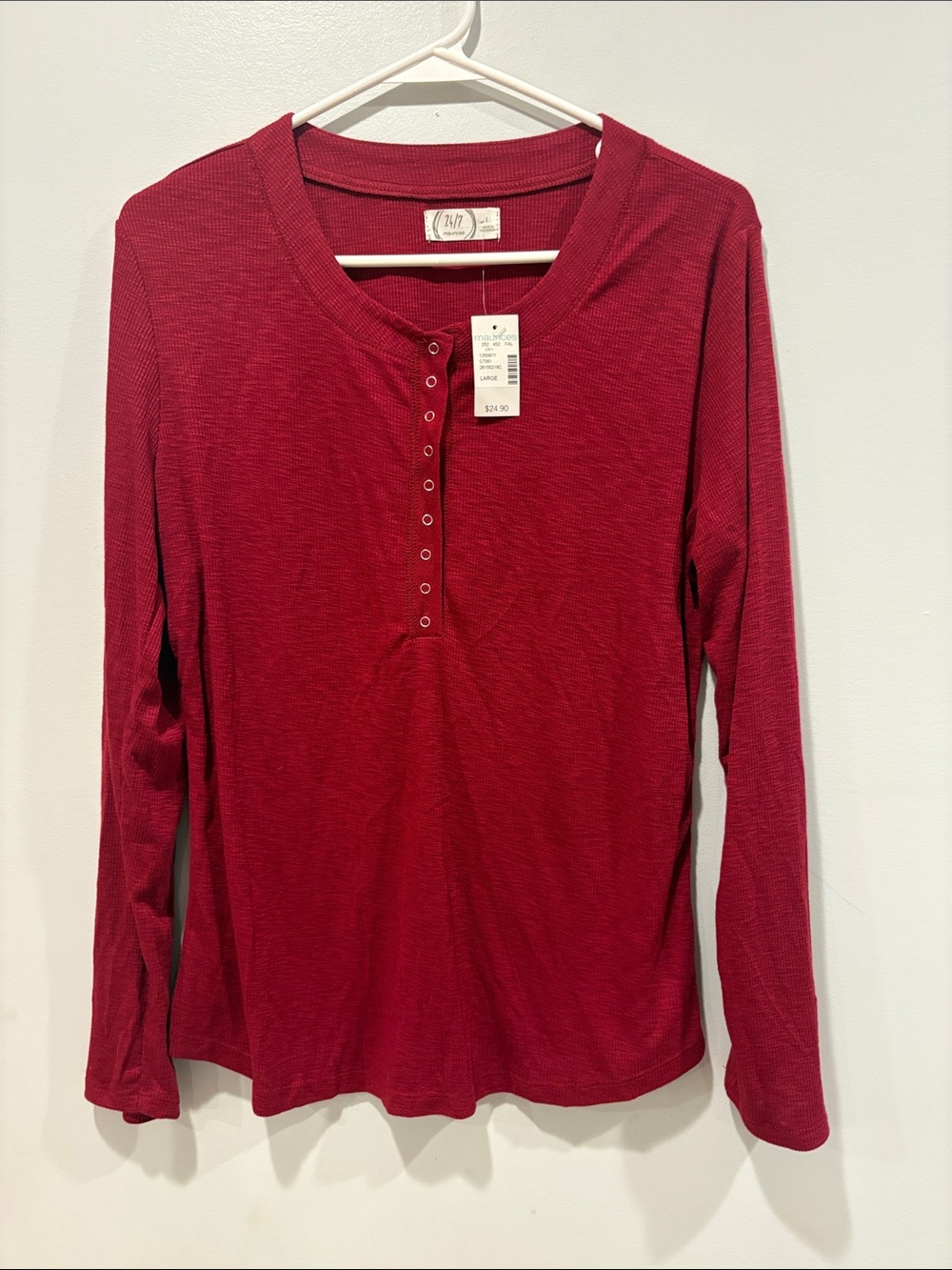 Maurices Long Sleeve Henley Top - Wine Red ptp 20 length 26